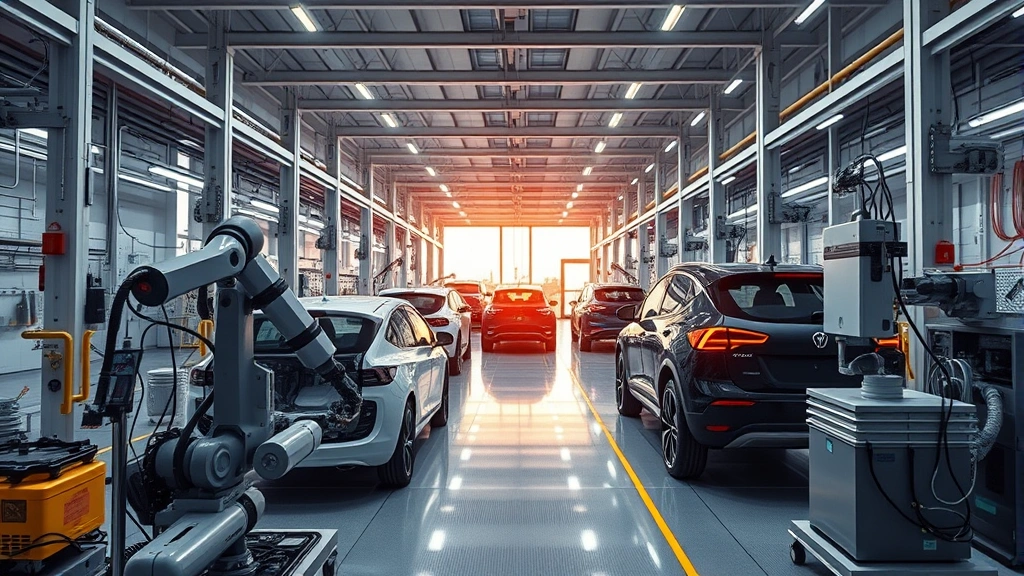 Electric vehicle manufacturing facility showing robotic assembly line with advanced automation equipment and sustainable energy infrastructure visible overhead