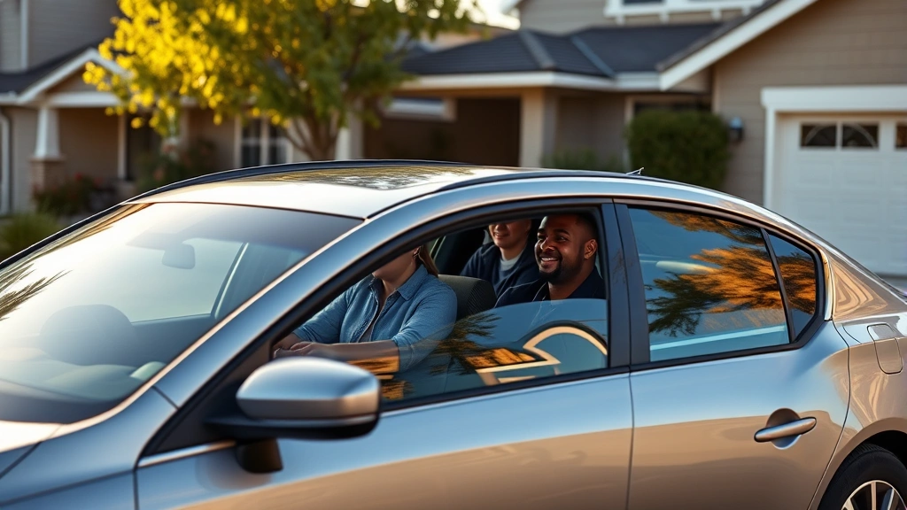 Family sedan in suburban driveway with owners admiring vehicle exterior, residential setting, morning sunlight, realistic ownership scenario, diverse family group