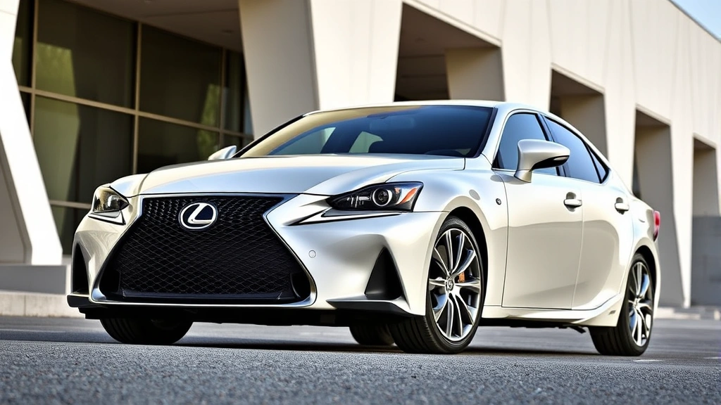 Lexus IS 500 sedan parked on modern architecture background, showcasing distinctive spindle grille and quad exhaust outlets, premium styling and proportions visible