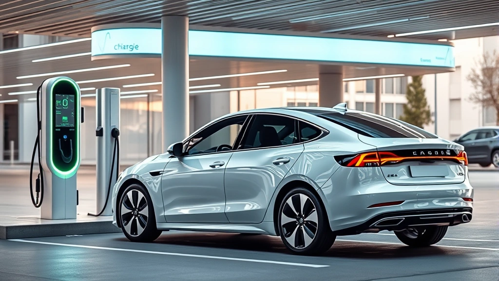 Electric sedan charging at modern public charging station, futuristic design elements, clean minimalist setting, professional automotive lifestyle photography
