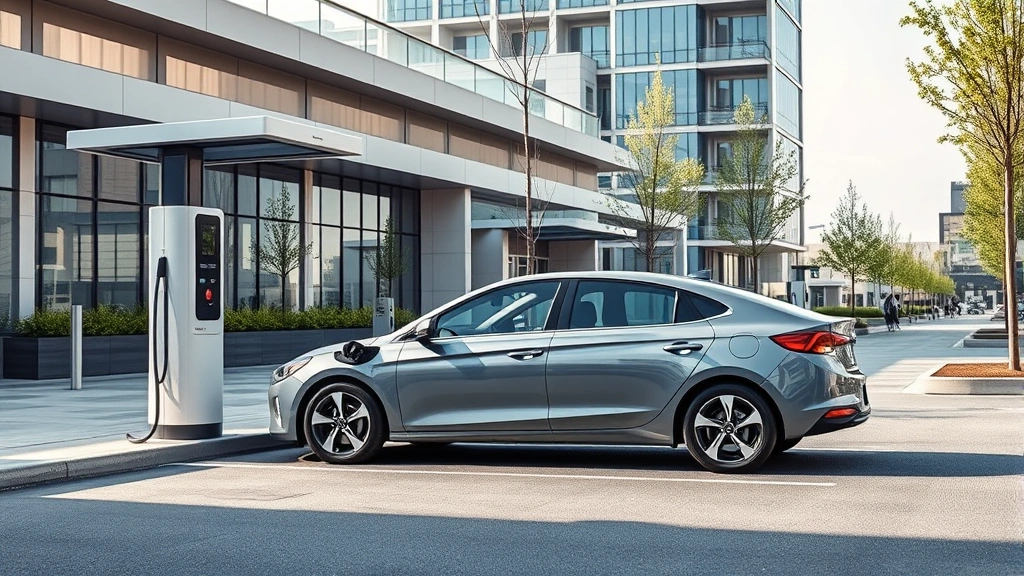 Hyundai Ioniq 6 electric sedan charging at modern public charging station, sleek aerodynamic design, contemporary urban setting with modern architecture