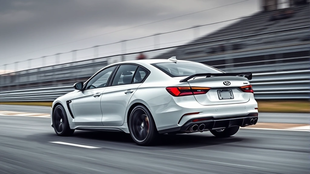 Performance sedan dynamic driving shot, motion blur background, professional track photography, sporty stance, high-quality automotive imagery