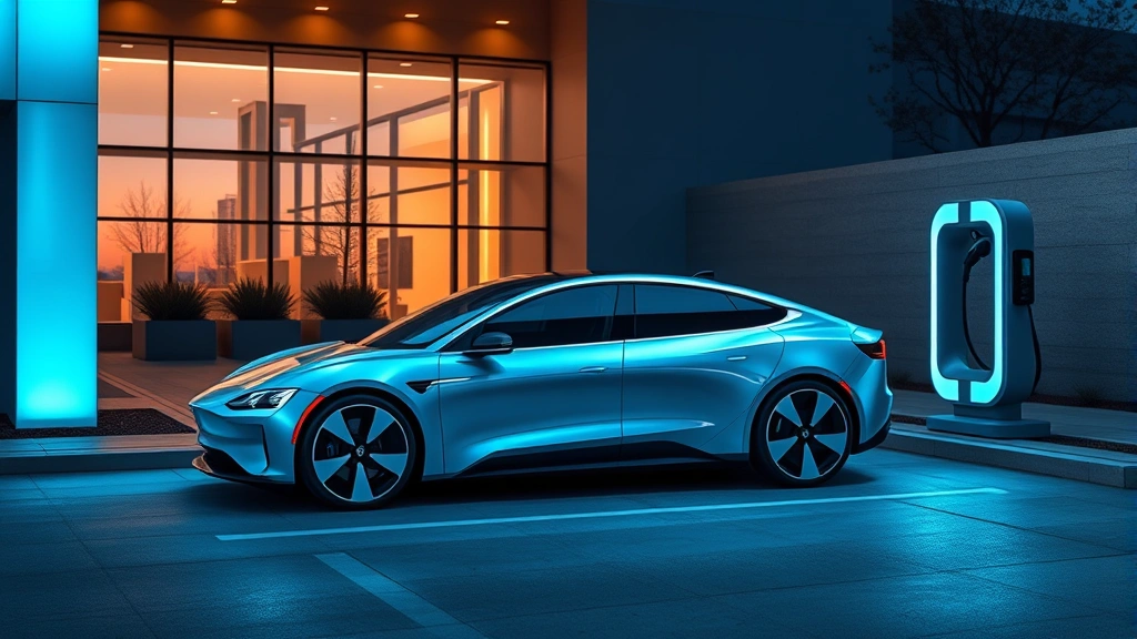 Sleek electric sedan charging at modern charging station, contemporary architecture, dusk lighting, futuristic automotive technology