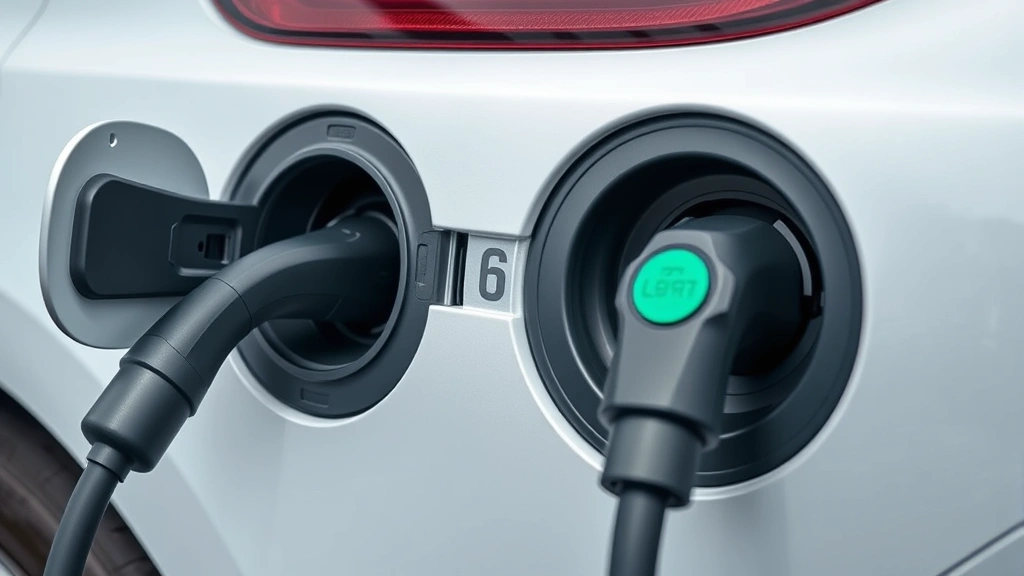 Charging port and fuel door side-by-side on plug-in hybrid vehicle, close-up detail shot showing both electric charging inlet and traditional fuel cap, modern vehicle exterior panel, natural daylight automotive photography