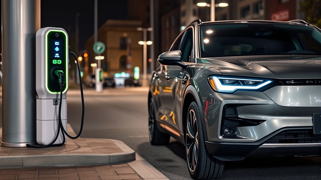 Modern electric SUV charging at fast-charging station, contemporary design with LED headlights, clean automotive photography with urban charging infrastructure