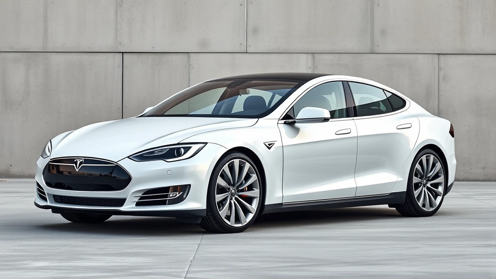 White Tesla Model S sedan on minimalist concrete background, futuristic electric vehicle design, clean professional automotive photography, modern technology