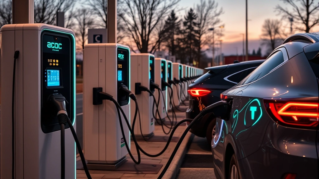 Modern DC fast-charging station with multiple vehicles charging simultaneously, displaying glowing screens and cable connections, photographed at dusk with warm ambient lighting