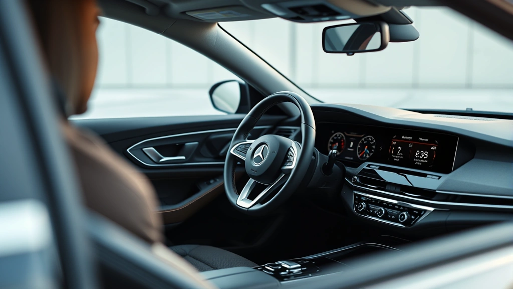 Luxury sedan interior detail showing premium leather steering wheel, advanced digital dashboard display, and sophisticated cabin materials, professional product photography style