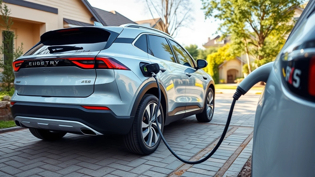 Electric vehicle charging cable connected to modern crossover in residential driveway, representing sustainable transportation adoption