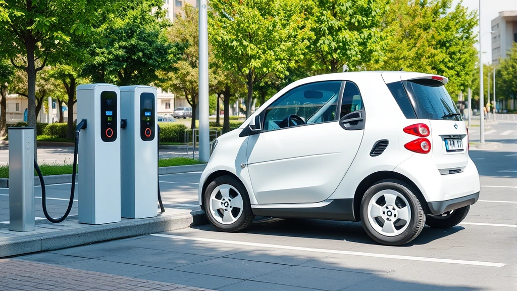 Compact electric vehicle charging at modern station during daytime, minimalist design philosophy visible through clean lines and contemporary styling, urban environment with trees and clear sky backdrop