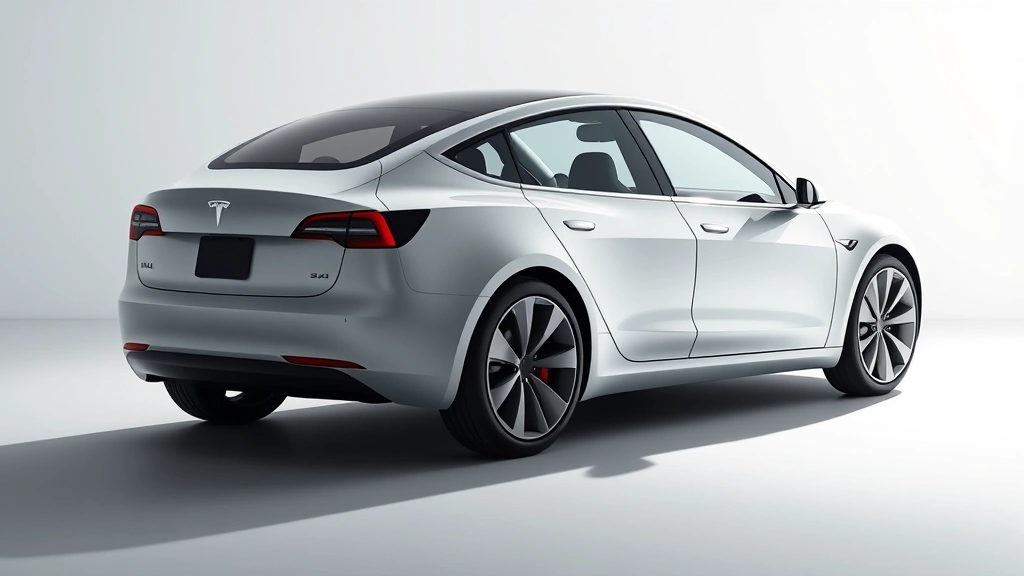 Tesla Model 3 2024 refresh, minimalist design, photographed from dynamic angle showing modern proportions, futuristic sedan aesthetic, clean contemporary automotive photography without dashboard display visible