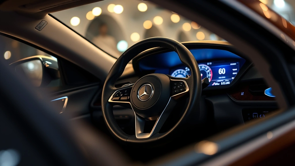 Interior cabin detail shot of luxury sedan dashboard, premium leather steering wheel, modern digital instrument cluster, ambient lighting illumination, soft-touch materials visible, professional automotive photography style, no dashboard text visible