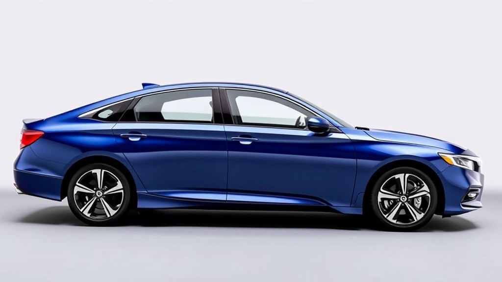 2024 Honda Accord in metallic blue displayed against neutral background, showcasing refined design lines and sophisticated proportions, studio automotive photography, side profile view