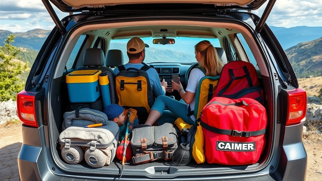 Family SUV loaded with camping gear and sports equipment on mountain overlook, showcasing spacious interior and practical versatility for active families