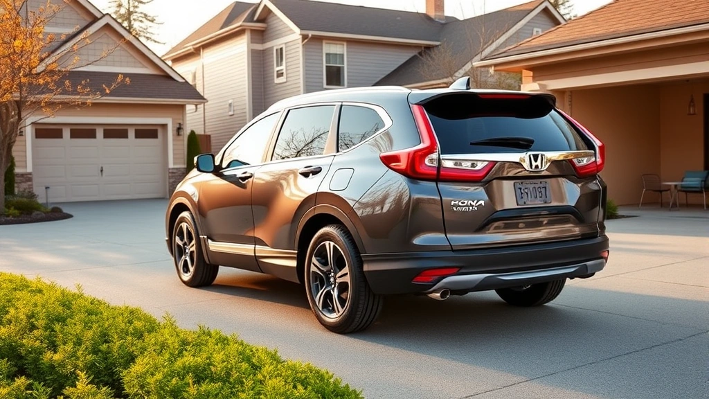Honda CR-V three-row family SUV parked in suburban driveway setting, showing spacious profile and modern design, daytime photography with warm natural light, family-friendly aesthetic