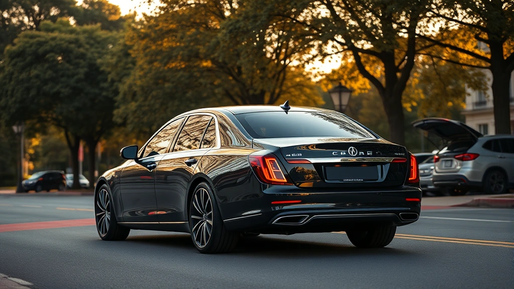 2024 luxury sedan rear three-quarter view parked on tree-lined street, showcasing elegant proportions and sophisticated design, professional automotive photography, golden hour lighting