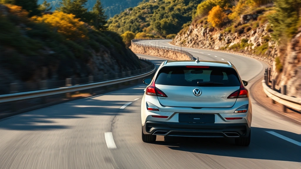 Compact sedan driving on scenic highway curves with dynamic motion, perfect road conditions, professional automotive photography, dynamic angle capture