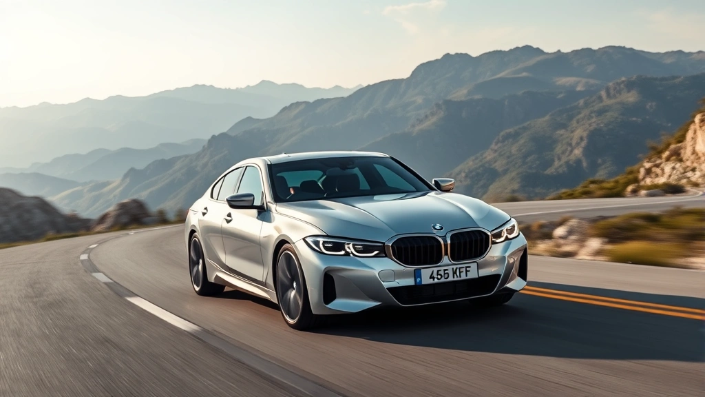 BMW i4 electric sedan driving on mountain road with scenic landscape background, showcasing performance-oriented electric vehicle dynamics, professional automotive shot