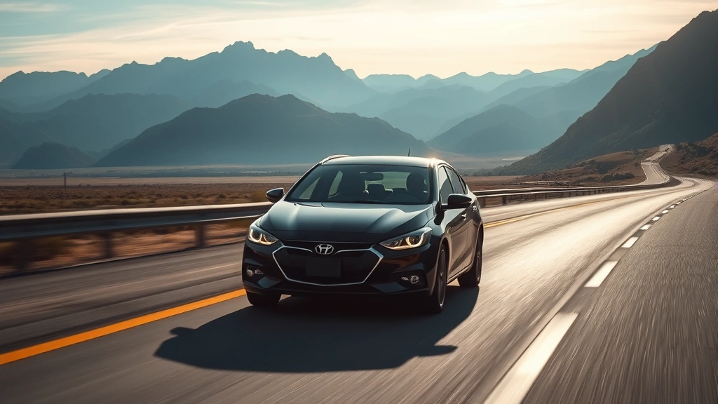 Compact sedan driving on open highway with mountains in distance, sunlight reflecting off hood and landscape scenery