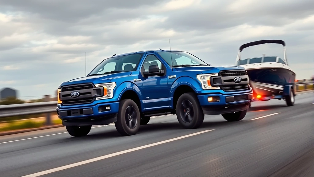 Ford F-150 Lightning electric truck blue metallic paint towing boat trailer on highway, dynamic motion photography, Mega Power Frunk open display