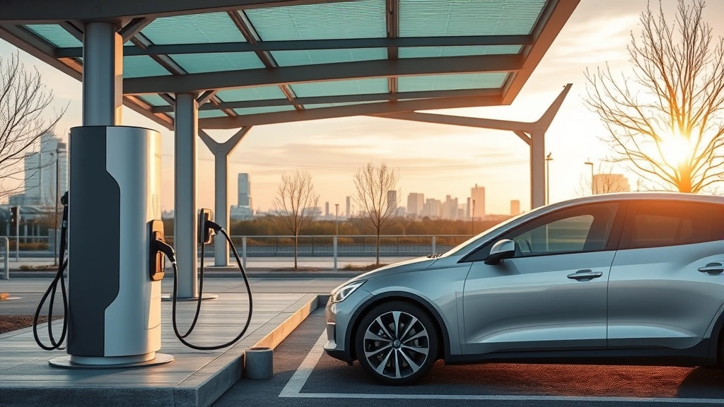 Electric vehicle charging at public charging station, sleek design, modern infrastructure, urban landscape background, afternoon lighting, forward-thinking transportation theme