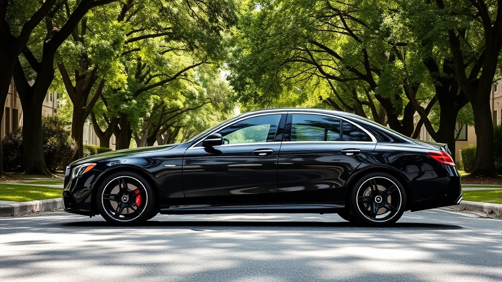Mercedes-AMG EQS 53 luxury sedan in obsidian black parked on tree-lined suburban street, elegant design visible, natural daylight showing premium interior through windows, representing practical performance EV