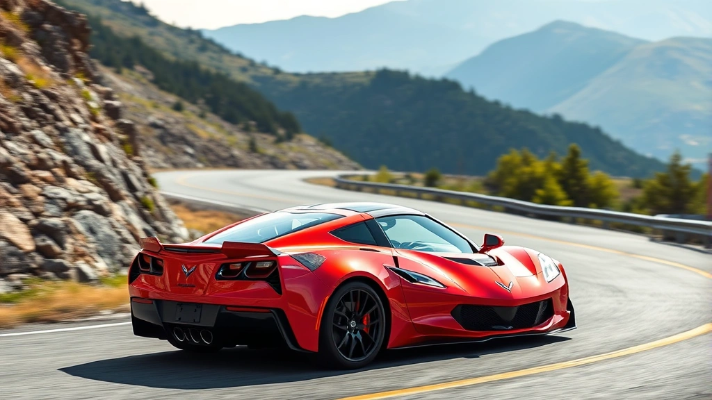 Chevrolet Corvette Z06 bright red mid-engine sports car on winding mountain road, dynamic angle showing aerodynamic bodywork and low profile