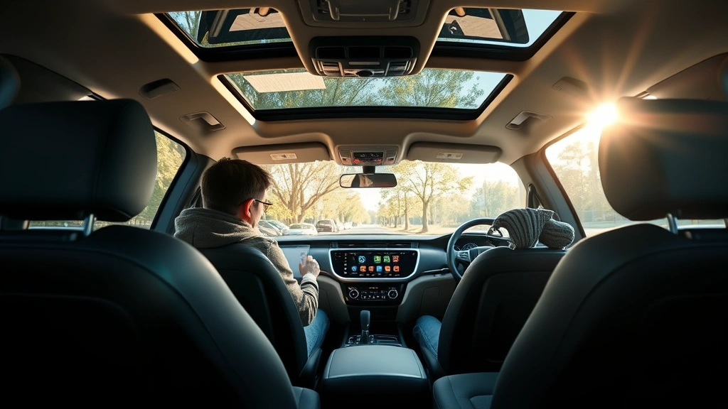 Modern family SUV interior showing spacious seating, technology dashboard, natural sunlight through windows, contemporary design details