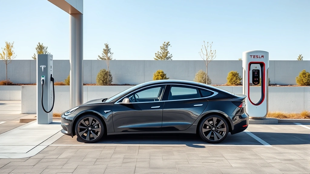 2024 Tesla Model 3 electric sedan charging at Supercharger station, modern charging infrastructure, minimalist design, contemporary setting, clean aesthetic