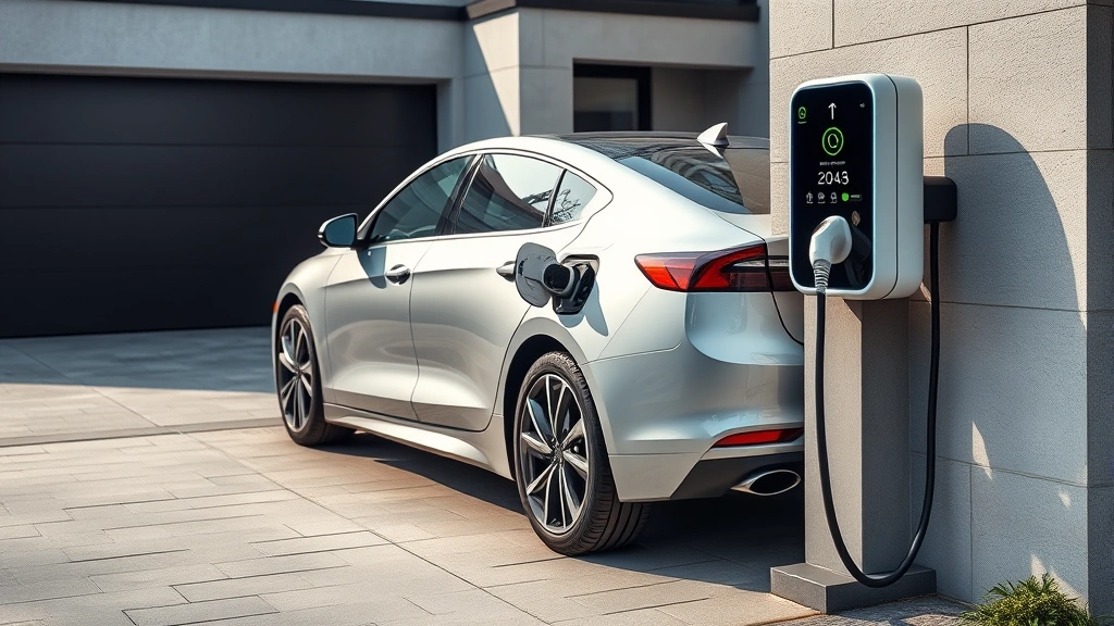 2024 hybrid sedan charging at home electric charging station, modern driveway setting, silver or white vehicle, showing eco-friendly sustainability, contemporary residential background