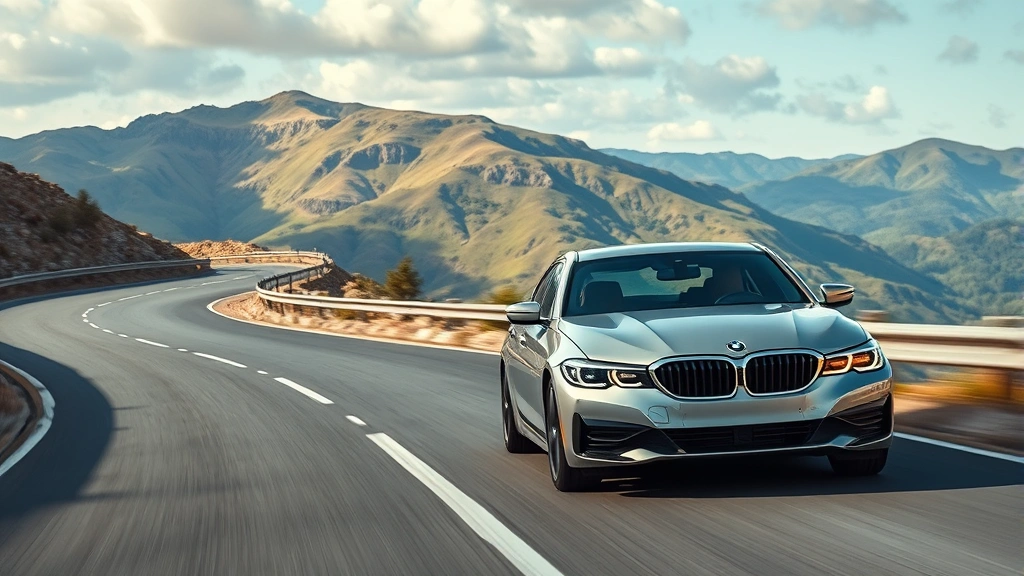 BMW 330i luxury sedan driving on winding mountain road with scenic landscape, motion shot showing dynamic handling and performance capability