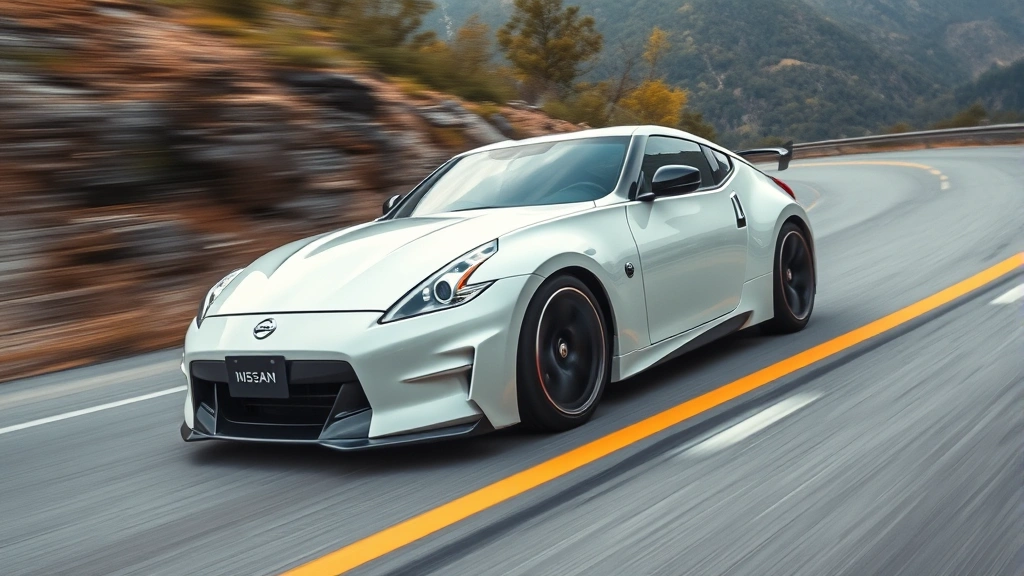Japanese sports car Nissan Z coupe in pearl white performing high-speed cornering on mountain road, dynamic composition capturing suspension articulation and road connection, vibrant natural lighting