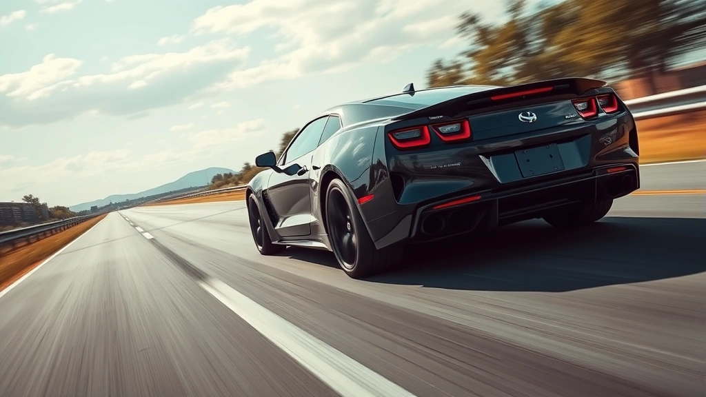 High-performance sports car mid-acceleration on smooth asphalt road, dynamic motion blur background, highlighting muscular body lines and aggressive stance