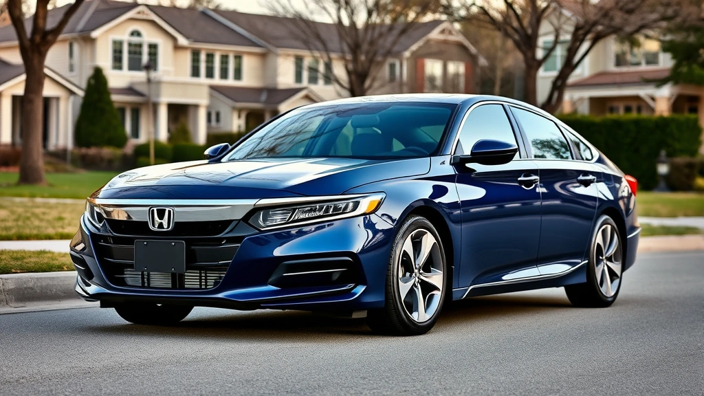 Honda Accord Hybrid in deep blue pearl, parked in upscale suburban setting, showing refined exterior design and modern sedan proportions