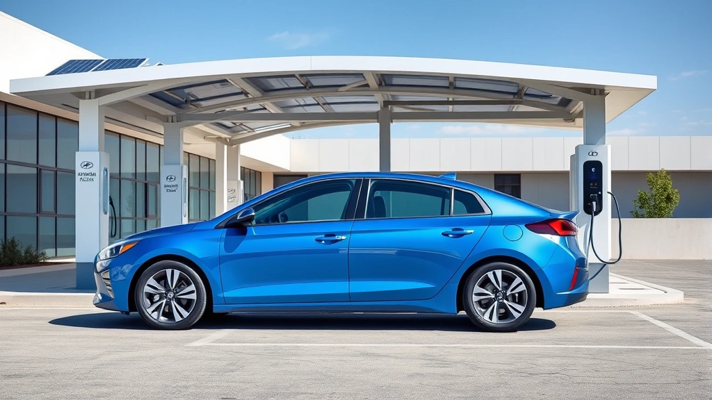 Hyundai Ioniq 6 blue electric sedan parked at modern EV charging station with solar panels overhead, minimalist design highlighting low aerodynamic profile and distinctive curved roofline against architectural background