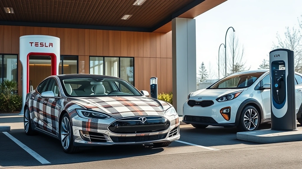 Tesla Model S Plaid and Kia EV9 electric vehicles charging at modern station, contemporary design, bright daylight, sustainable energy infrastructure aesthetic