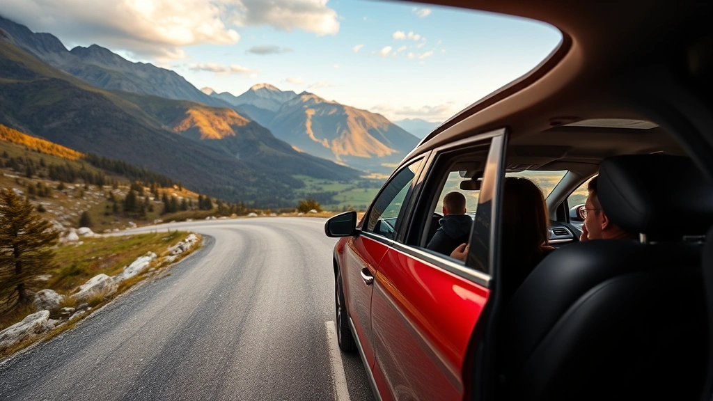 Family crossover SUV on mountain road with scenic valley landscape, demonstrating capability and spacious interior visible through windows, adventure-focused automotive imagery