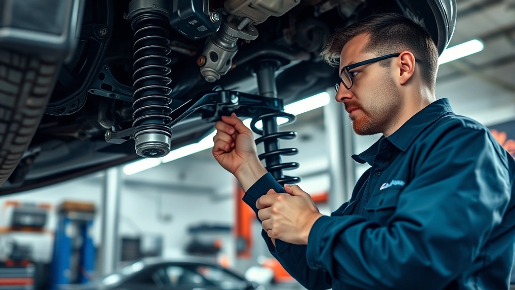 Professional mechanic inspecting vehicle suspension components in well-lit service bay, detailed focus on mechanical work, photorealistic quality, no dashboard displays