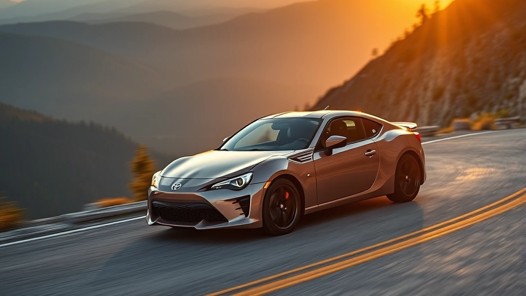 Toyota GR86 lightweight sports coupe in motion on mountain road during golden hour, capturing driver engagement and nimble handling characteristics, action photography showing vehicle cornering with confidence