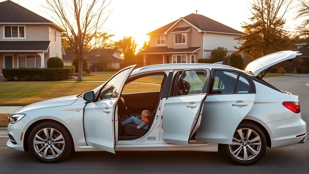 Family-oriented midsize sedan in elegant white color parked in suburban residential setting, showing spacious interior through open doors, warm golden hour lighting