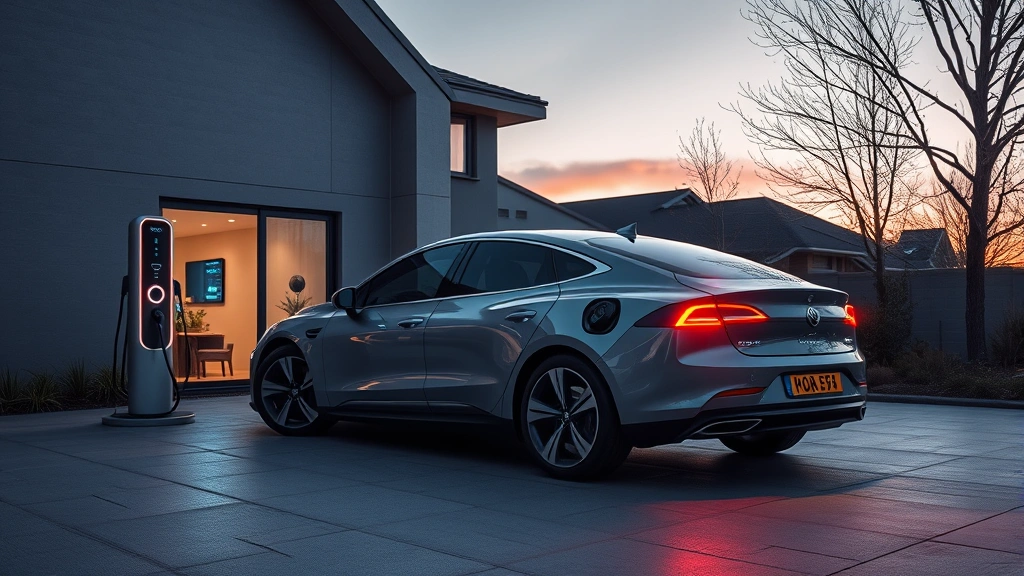 Modern electric sedan charging at home charging station at dusk, futuristic design emphasizing sustainability and technology, contemporary residential setting