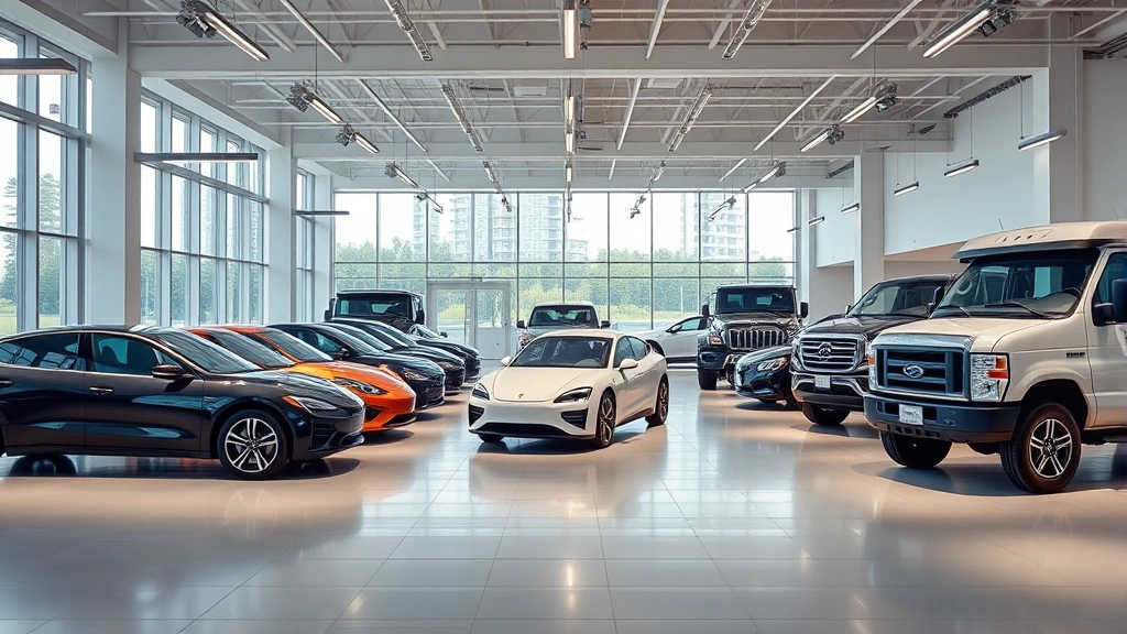 Diverse collection of 2024 vehicles including sedan, SUV, electric car, and truck parked in modern automotive showroom with contemporary lighting and architectural design