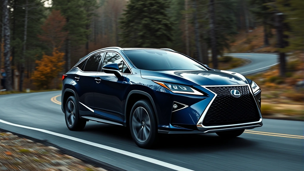 Luxury Lexus RX 500h in midnight blue navigating winding mountain road, forest scenery, dynamic driving shot, premium automotive aesthetic, professional detail