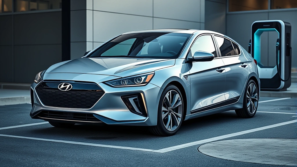 Hyundai Ioniq 6 electric sedan in silver, front three-quarter view, distinctive aerodynamic shape, futuristic EV design, modern charging station in background, contemporary automotive photography