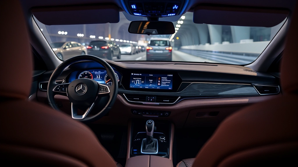 Modern sedan interior dashboard showcasing premium materials, digital displays, and steering wheel detail with ambient lighting and contemporary design elements