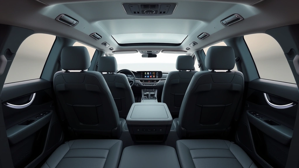Kia EV9 electric SUV interior showing three-row seating configuration with ambient lighting, flat floor design, and modern dashboard with dual digital screens, emphasizing spacious family-oriented interior layout and technology integration