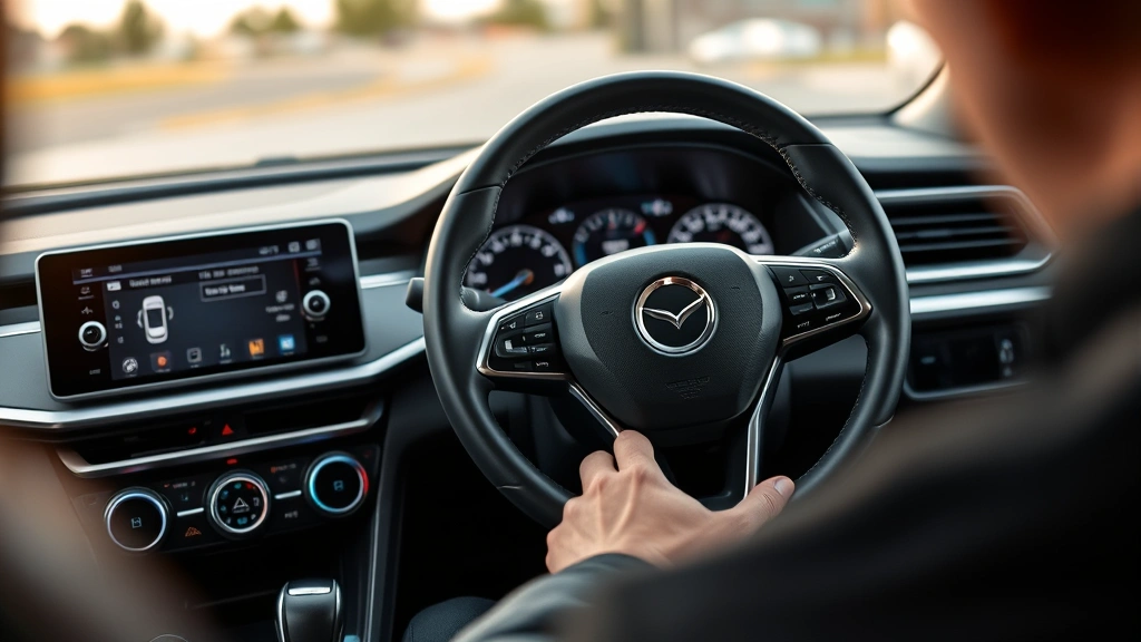Close-up of vehicle interior dashboard and steering wheel with driver's hands, focusing on infotainment technology and controls, modern cabin design, professional automotive photography