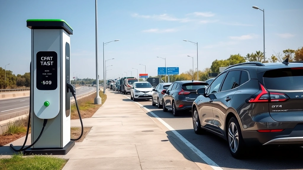 Electric vehicle DC fast charging station along highway with multiple vehicles, roadside rest area, contemporary charging infrastructure, outdoor daytime scene