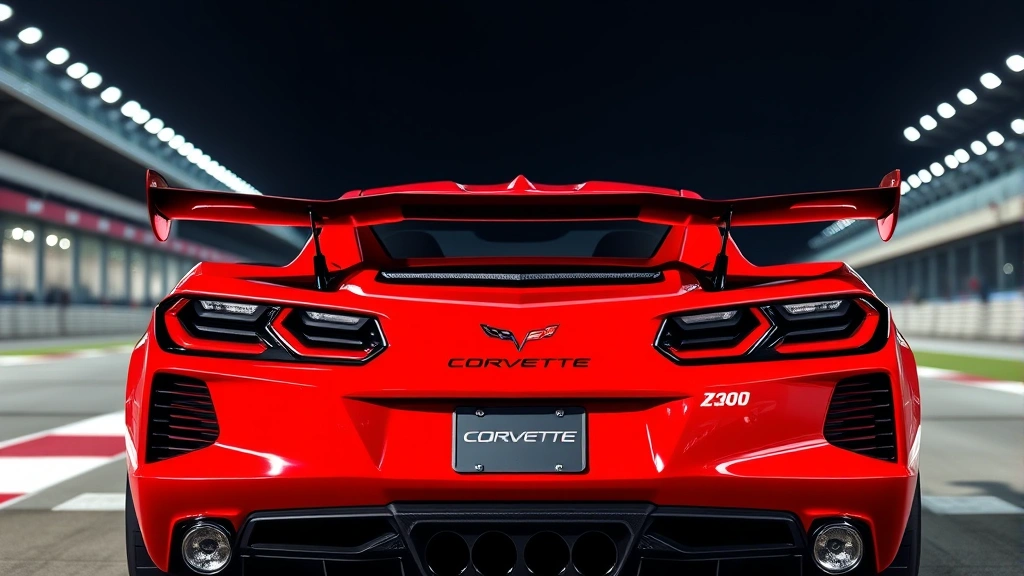 Chevrolet Corvette C8 Z06 in bright red, rear three-quarter angle displaying aggressive fixed wing and carbon fiber elements, professional track setting background, dynamic lighting