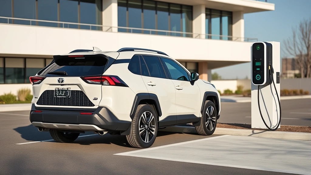 Toyota RAV4 Prime plug-in hybrid compact crossover parked at electric vehicle charging station with charging cable connected, modern architecture background, daytime photography, clean composition
